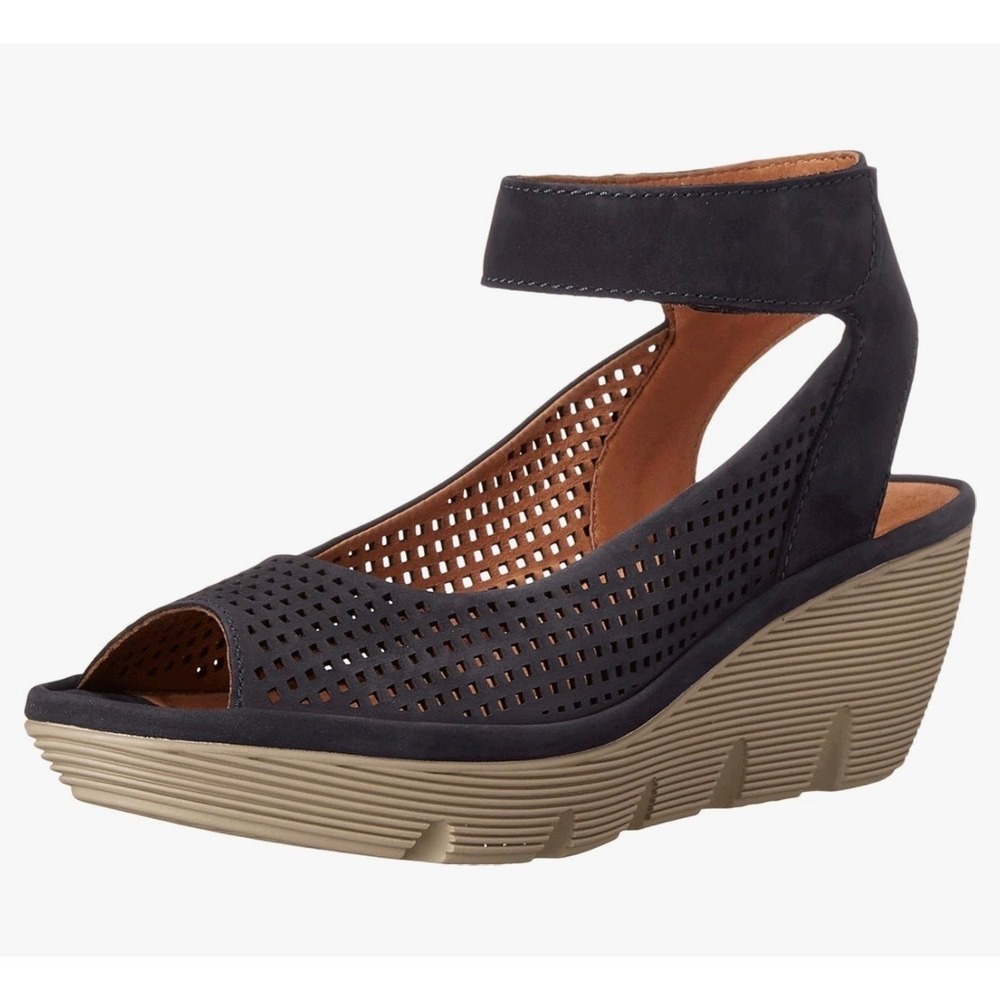 Clarks Clarene Prima Women's Navy Artisan Ankle Strap Wedge Sandal Sz 6 Comfort